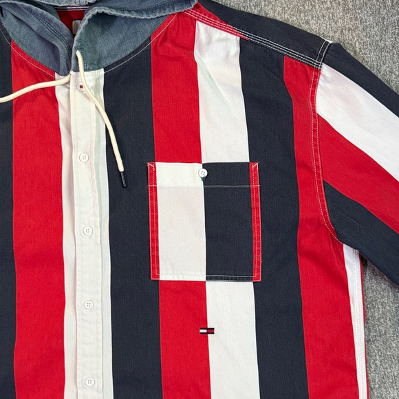 Vintage Tommy Hilfiger Big Striped Red and Blue Hooded Shirt Men’s XXL - Picture 3 of 9